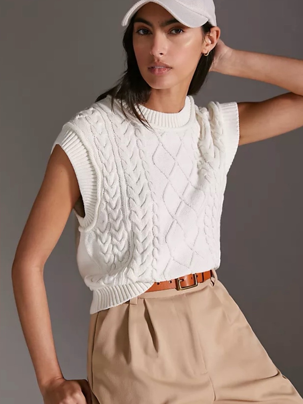 Meave Small Petite Cream Aran Cable Knit Crop Sweater  Preppy Quiet Luxury Beach